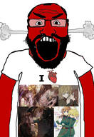 angry anime aryan balding beard blue_eyes clothes german_uniform glasses hair heart himedanshi i_love love open_mouth red_skin slavic soyjak subvariant:science_lover tanya_the_evil tshirt variant:markiplier_soyjak yellow_hair yuri // 2819x4096 // 1.0MB