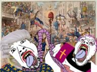 2soyjaks bloodshot_eyes christianity clothes crying france french_revolution glasses hair lipstick open_mouth priest purple_hair revolution rope soyjak stubble tongue tranny variant:bernd variant:isaac white_hair // 604x449 // 582.5KB
