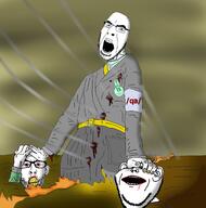 3soyjaks 4chan angry arm badge blood bloodshot_eyes bullet clenched_teeth clothes ear fire glasses hand hell holding_object nosebleed oil open_mouth qa_(4chan) soyjak stubble text variant:cobson variant:impish_soyak_ears variant:nojak wind yellow_teeth // 1200x1210 // 1.2MB