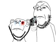 2soyjaks angry beard blood blood_drip blood_on_face bullet_hole crying death ear firearm frown glasses gun gunshot_wound holding_gun holding_object holding_pistol murder pistol sad series:imp_&_gape soyjak stubble subvariant:wholesome_soyjak swedish_fail user=gapesupremacist variant:gapejak variant:impish_soyak_ears // 1200x900 // 157.3KB