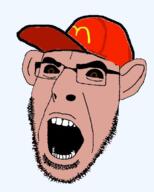 amerimutt angry brown_skin cap clothes ear glasses hat mcdonalds open_mouth soyjak stubble variant:cobson // 603x752 // 322.5KB