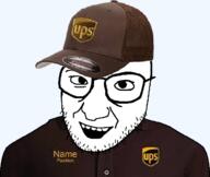 cap clothes glasses hat irl open_mouth soyjak stubble text tshirt ups variant:snopesjak // 663x560 // 75.3KB