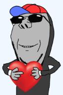 arm baseball_cap clothes cuff glasses grey_skin greyface hand hat heart holding_heart mask necktie smile soyjak stubble subvariant:wholesome_soyjak suit sunglasses variant:gapejak // 676x1021 // 131.4KB