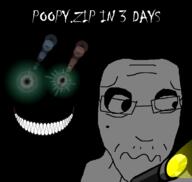 advertisement bald black_skin evil flashlight glasses glowing_eyes scared scary stubble teeth thougher variant:poopy warning white_skin // 1009x954 // 196.5KB