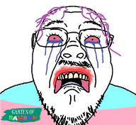 bloodshot_eyes crying disgusted flag flag:transgender_pride_flag garten_of_banban glasses looking_at_you meta:op_took_a_selfie_of_xerself meta:soyduel_took_place_in_comment_section open_mouth soyjak speech_bubble stubble text tranny transparent_background variant:bernd
