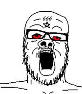 666 bloodshot_eyes facial_mark forehead_mark glasses mark_of_the_beast mustache open_mouth pentagram_forehead_mark satanism soyjak star stubble variant:a24_slowburn_soyjak // 600x687 // 84.9KB