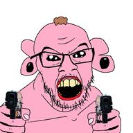 arm brown_hair crying ear earring firearm ftm glasses gun hair hand lips mustache oh_my_god_she_is_so_attractive open_mouth pink_skin pointing pointing_at_viewer pooner shooting soyjak stubble tear tranny variant:feraljak // 1500x1500 // 206.0KB