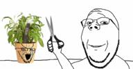 2soyjaks arm bloodshot_eyes counter_sage crying glasses hand holding_object large_eyebrows open_mouth plant pot sage_(herb) scissors smile soyjak stretched_mouth stubble subvariant:wholesome_soyjak variant:gapejak variant:soyak // 2500x1300 // 1.2MB