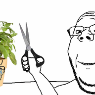 2soyjaks arm bloodshot_eyes counter_sage crying glasses hand holding_object large_eyebrows open_mouth plant pot sage_(herb) scissors smile soyjak stretched_mouth stubble subvariant:wholesome_soyjak variant:gapejak variant:soyak // 2500x1300 // 1.2MB