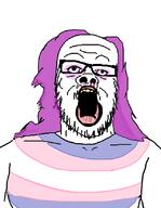 clothes flag flag:transgender_pride_flag glasses hair makeup mustache open_mouth purple_hair soyjak stubble tranny variant:a24_slowburn_soyjak yellow_teeth // 636x822 // 77.5KB