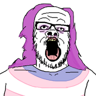 clothes flag flag:transgender_pride_flag glasses hair makeup mustache open_mouth purple_hair soyjak stubble tranny variant:a24_slowburn_soyjak yellow_teeth // 636x822 // 77.5KB