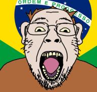 animal brazil country ear flag flag:brazil glasses monkey open_mouth soyjak stubble tongue variant:bernd yellow_sclera yellow_teeth // 526x503 // 102.1KB