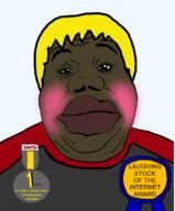 all_soyteens_look_like_this anti_sharty award badge big_lips blush brown_skin clothes hair lips machine nate sex shartycuck soot_colors soyjak_party subvariant:hunky_twink_sex_machine trend:slopjak tshirt twink variant:alicia yellow_hair // 596x720 // 168.4KB