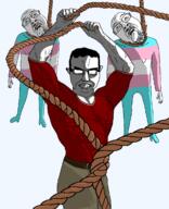 green_pants hanging holding_object holding_rope lipstick lynching red_shirt rope shadow subvariant:chudjak_front subvariant:muscular_chud tranny variant:bernd variant:chudjak // 977x1200 // 149.6KB