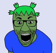 4chan anime clothes frog glasses green green_hair green_skin hair pepe soyjak stubble tshirt variant:el_perro_rabioso yotsoyba // 427x400 // 12.5KB