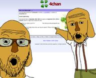 2soyjaks 4chan animal arm ban clothes dog ear glasses hand janny mustache open_mouth pointing qa_(4chan) screenshot snout soyjak stubble suspenders variant:two_pointing_soyjaks yellow_skin // 680x552 // 269.6KB