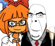 2soyjaks blue_eyes clothes friendship glasses hand happy looking_at_you mymy necktie no_more_brother_wars ongezellig orange_skin smile soyjak stubble tuxedo variant:cobson variant:feraljak wine // 664x551 // 275.7KB