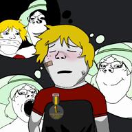 5soyjaks badge biting_lip blush clothes creepy crying crystal_cafe female green_hair hair hat nate ominous sleeping soyjak subvariant:gapejak_female subvariant:shoyta thought_bubble variant:gapejak video yellow_hair // 1080x1080, 74s // 14.5MB
