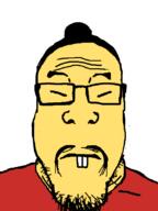 asian buck_teeth closed_mouth fu_manchu_(mustache) glasses hair mustache red_shirt soyjak stubble variant:markiplier_soyjak white_background yellow_skin // 600x800 // 64.9KB
