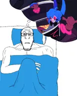 beard bed blue_hair demon droopy erection expanding glasses laying_down subvariant:neutralplier thinking variant:markiplier_soyjak white_skin woman // 2850x3579 // 1.6MB