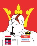Warrior-Z(user) afghanistan arabic_text aryan batman batman_(series) beard blue_eyes buff closed_mouth county crown flag flag:iraq flag:norway flag:taliban flag:vestfold goatee god_of_war hair hello_my_name_is_(sticker) iraq kratos norway shahada smile soyjak subvariant:mexiaryan taliban text variant:meximutt vestfold video_game // 886x1120 // 95.4KB