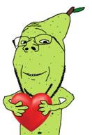 PaulMcPear arm food fruit glasses green_skin hair hand holding_heart holding_object leaf open_eyes pear smile stubble subvariant:wholesome_soyjak teeth variant:gapejak // 804x1167 // 133.5KB