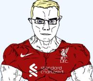 arm blue_eyes buff closed_mouth clothes ear england football glasses hair lfc liverpool nike soccer soyjak standard_chartered subvariant:chudjak_front subvariant:muscular_chud tshirt united_kingdom variant:chudjak vein yellow_hair // 1059x929 // 113.0KB