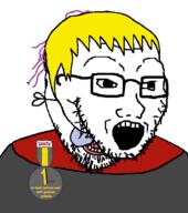 badge clothes glasses hair mask nate open_mouth purple_hair soyjak soyjak_party stubble text tongue tranny variant:bernd variant:soyak yellow_hair yellow_teeth // 434x491 // 834.3KB