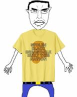 angry arm black_skin breast_milk closed_mouth clothes ear glasses hair hand leg nation soyjak stolen subvariant:chudjak_front text tshirt variant:chudjak yellow // 1386x1725 // 407.1KB