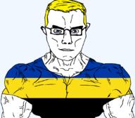 arm blue_eyes buff closed_mouth clothes flag flag:gelderland gelderland glasses hair netherlands soyjak subvariant:chudjak_front subvariant:muscular_chud transparent transparent_background tshirt variant:chudjak vein yellow_hair // 1059x929 // 41.0KB