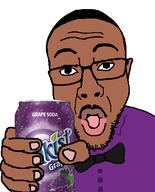 bowtie can clothes ear eyebrows glasses hair holding_object mustache negro open_mouth soda soyjak stubble suit tongue variant:blakjak // 375x465 // 72.0KB