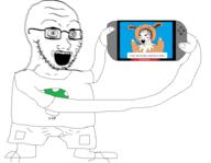 arm clothes crazed erection female full_body glasses hand holding_object leg mario mushroom nintendo nintendo_switch open_mouth pokemon smile soyjak stubble text variant:soyak video_game wojak // 3845x2989 // 366.7KB