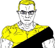 anarcho-capitalism arm blue_eyes buff closed_mouth clothes flag flag:anarcho-capitalism glasses hair soyjak subvariant:chudjak_front subvariant:muscular_chud tshirt variant:chudjak vein yellow_hair // 1059x929 // 50.5KB