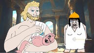baby blond blue_eyes crown crying dark_hair deformed diaper full_body glasses god goddess greece greek_mythology hephaestus hera lotus_flower mount_olympus nas:wojak pink_skin scepter series:godjaks smile subvariant:jacobson toga upset variant:a24_slowburn_soyjak variant:rupturejak yellow_hair zeus // 3200x1804 // 494.7KB