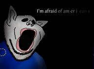 amerimutt dark dirty ear eternal_anglo europe european_union flag flag:european_union grey_skin hair no_eyes ominous open_mouth pointy_ears soyjak star_(symbol) stubble subvariant:impish_amerimutt text variant:impish_soyak_ears // 1200x880 // 253.2KB