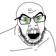 angry beard glasses green_eyes looking_at_you soyjak stubble subvariant:modern_feraljak teeth thick_eyebrows variant:feraljak white_background // 1025x1025 // 27.7KB
