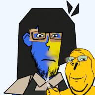 blue_skin body cardboard closed_mouth crayon ear ena fixed glasses hair hand janny scissors smile stubble subvariant:neutralplier subvariant:wholesome_soyjak two_sides variant:gapejak variant:markiplier_soyjak yellow_skin // 1000x1000 // 382.0KB