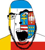 animal bird christianity country eagle flag flag:świętokrzyskie full_head glasses hair looking_to_the_right open_mouth poland soyjak star_(symbol) stubble teeth text variant:cobson voivodeship świętokrzyskie // 721x789 // 77.0KB
