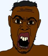 angry big_eyes big_lips black_skin buck_teeth disgusted ear glasses hair nigger open_mouth soyjak stubble transparent_background variant:halojak yellow_sclera yellow_teeth // 620x720 // 44.7KB