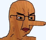 angry bald closed_mouth glasses irl long_nose pinocchio red_lips series:materialjaks soyjak variant:chudjak wood // 823x727 // 496.5KB