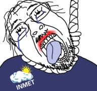 bloodshot_eyes blush blushing brazil cloud crying dead glasses hair hanging inmet instituto_nacional_de_meteorologia logo meta:tagme mustache open_mouth purple_shirt rope soyjak stubble suicide sun template tongue tranny variant:bernd yellow_teeth // 768x719 // 347.7KB