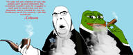 amphibian artist:sectionalism bald blue_background cigar clothes frog glasses lips nas:pepe pepe_the_frog pipe quote smoke stubble suit tuxedo variant:cobson // 3437x1431 // 604.3KB