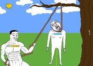 3soyjaks bald beach bloodshot_eyes chud cloud crying full_body glasses hair hanging muscular_male palm_tree rope sky stubble subvariant:wholesome_soyjak summer sun tiny_penis tree urine variant:bernd variant:chudjak variant:gapejak water waterpark // 2048x1463 // 187.3KB