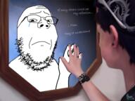 closed_mouth crying glasses hand irl mirror sad soyjak stubble text variant:gapejak // 600x450 // 250.3KB