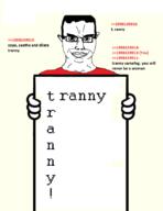 (you) closed_mouth clothes cope dilation ear glasses hair hand happy holding_object quote redtext samefag seething sign smile smirk smug soyjak subvariant:chudjak_front text tranny tshirt variant:chudjak // 640x830 // 83.9KB