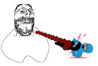 2soyjaks angry bloodshot_eyes blue_skin clenched_teeth closed_mouth crying glasses hair mustache soyjak stubble variant:cryboy_soyjak variant:gapejak wrench // 1619x1093 // 242.8KB