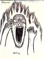 arm art black_and_white bloodshot_eyes bone doug_walker drawfag drawing fire glasses gore hand hell ink melting meta:soytober meta:soytober2025 niggerhell nostalgia_critic open_mouth screaming stubble text variant:nostaljak // 3000x4000 // 10.7MB