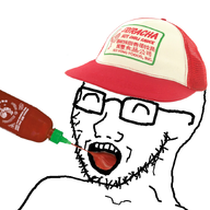 bottle cap clothes food glasses happy hat hot_sauce open_mouth sauce soyjak sriracha stubble variant:soyak // 930x863 // 426.8KB