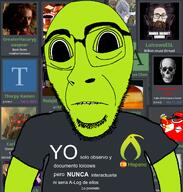 arm beard biting_lip black_shirt clothes distorted flag:spain glasses green_skin hispanic i_would_never kiwifarms large_eyes large_nose latino latinx lolcow looking_at_you merge spanish_flag spanish_text spics stubble subvariant:hornyson subvariant:hydrocephason subvariant:science_lover teeth text tshirt variant:cobson variant:markiplier_soyjak // 1161x1217 // 604.3KB