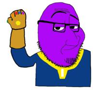 closed_mouth glasses infinity_gauntlet marvel purple_skin smug soyjak stubble thanos variant:smugjak // 1509x1466 // 315.4KB
